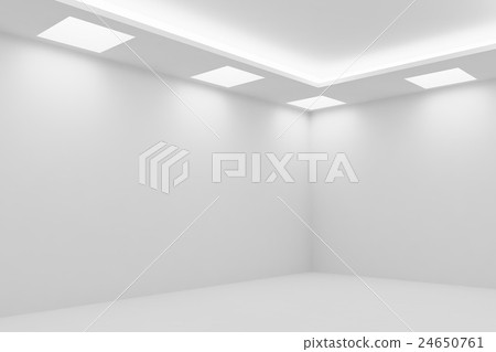 Corner Of Empty White Room With Ceiling Lights Stock