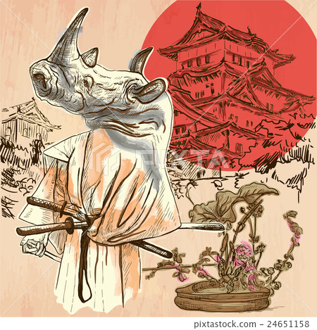 Japan. Samurai rhino. Hand drawn vector. Line art 24651158