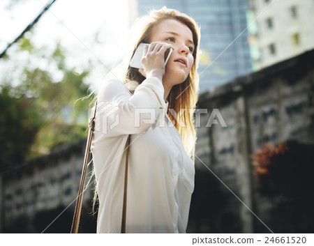 Casual Cheerful Girl Alone Outdoor Recreation Concept 24661520