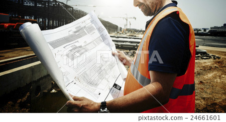 Construction Site Engineerer Working Blueprint Concept 24661601