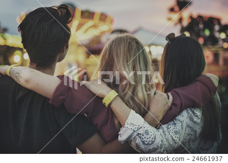 Friends Huddle Happiness Amusement Park Festival Concept 24661937