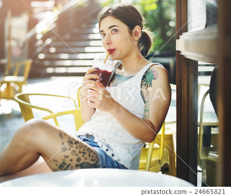 Young Woman Drinking Fruit Smooyhie Concept Young Woman Drinking Fruit Smooyhie Concept 24665821