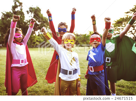Superheroes Kids Friends Playing Togetherness Concept Superheroes Kids Friends Playing Togetherness Concept 24671515