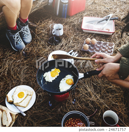 Friends Camping Morning Breakfast Cookking Concept Friends Camping Morning Breakfast Cookking Concept 24671757