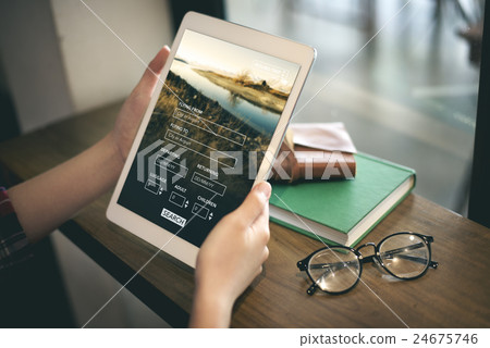 Tablet Searching Flight Travel Booking Concept Tablet Searching Flight Travel Booking Concept 24675746
