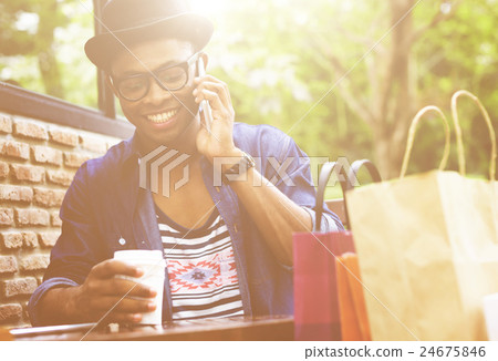 Man Shopping Outdoor Talking Mobile Phone Concept Man Shopping Outdoor Talking Mobile Phone Concept 24675846