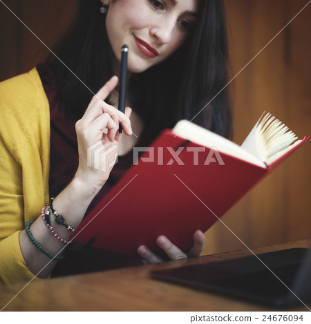 Woman Thingking Notebook Reading Ideas Concept Woman Thingking Notebook Reading Ideas Concept 24676094