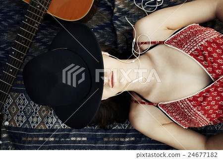 Female Outdoors Relax Guitar Music Concept Female Outdoors Relax Guitar Music Concept 24677182