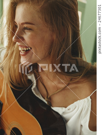 Guitar Girl Relaxation Casual Instrument Leisure Concept 24677301
