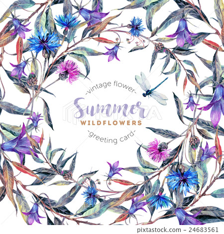 Hand drawn watercolor wildflower wreath - Stock Illustration [24683561 ...