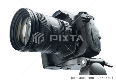 DSLR camera on tripod, isolated  white background 24686701