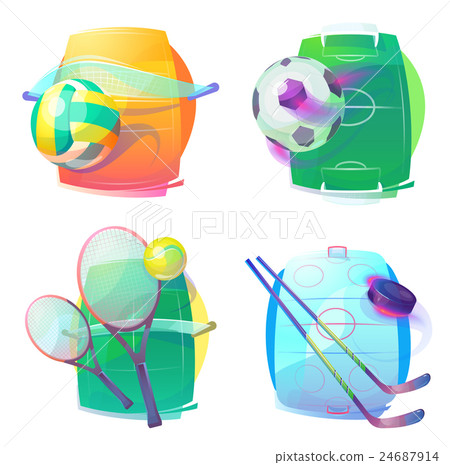 Hockey and tennis, volleyball, soccer gear icons Hockey and tennis, volleyball, soccer gear icons 24687914