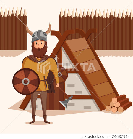 Viking with helmet, horns and axe, shield near 24687944