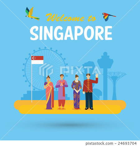 Flat Design, Singaporeans People With Landmarks - Stock Illustration 