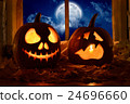 Photo pumpkins on a table with candles   24696660