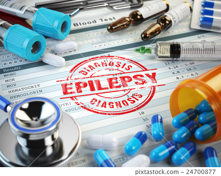 Epilepsy diagnosis. Stamp, stethoscope, syringe,  24700877