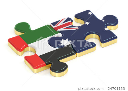 UAE and Australia puzzles from flags, 3D rendering UAE and Australia puzzles from flags, 3D rendering 24701133