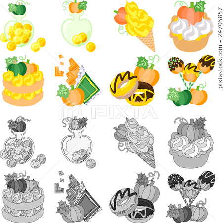 Pumpkin candy, soft cream, tart, cake, chocolate, donut and cake pop 24705857