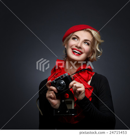 Beautiful lady with retro photo camera Beautiful lady with retro photo camera 24715453