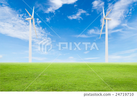 wind turbine on green grass with blue sky wind turbine on green grass with blue sky 24719710