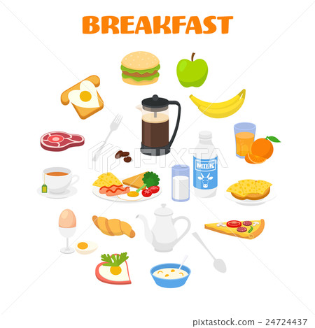 Breakfast with fresh food and drinks icons set - Stock Illustration ...
