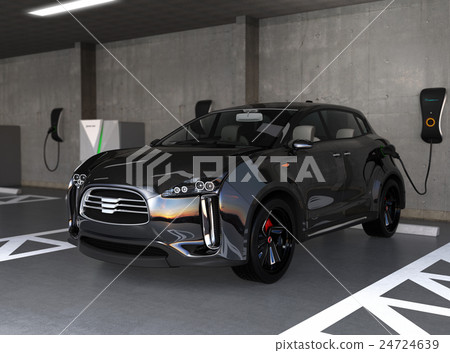 A black SUV car charging a multi-level parking lot equipped with a quick charger A black SUV car charging a multi-level parking lot equipped with a quick charger 24724639
