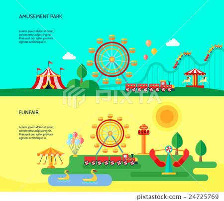 Amusement Park 2 Flat Horizontal Banners - Stock Illustration [24725769 ...