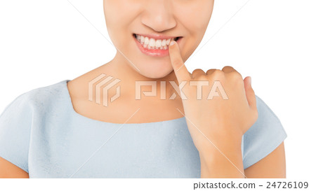 Woman looking in mirror and checking teeth Woman looking in mirror and checking teeth 24726109