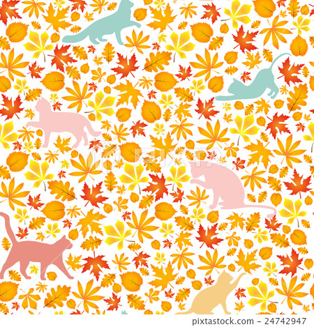 cats and autumn leaves, seamless pattern 24742947