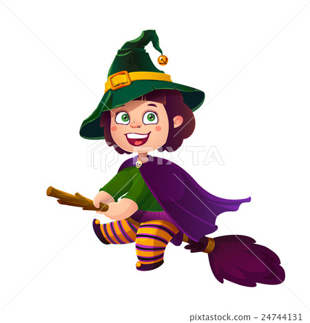 Cute Brunette Girl Witch on the Broom. Happy Cute Brunette Girl Witch on the Broom. Happy 24744131