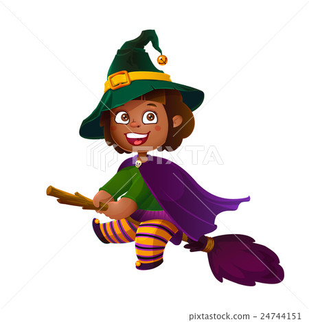 Cute Latina Girl Witch on the Broom. Happy 24744151