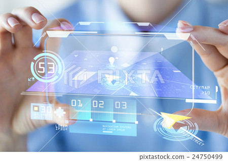 close up of woman with transparent smartphone close up of woman with transparent smartphone 24750499