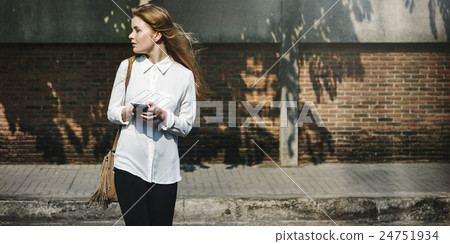 Casual Cheerful Girl Alone Outdoor Recreation Concept Casual Cheerful Girl Alone Outdoor Recreation Concept 24751934