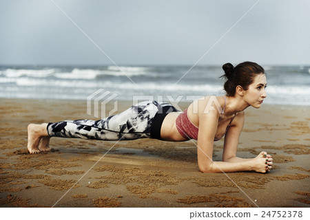 Woman Planking Stretching Flex Training Healthy Lifestyle Beach Concept 24752378