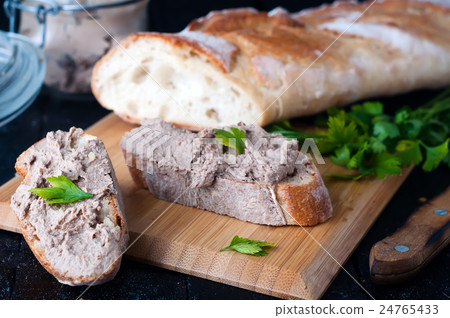 mousse, pate in a jar with baguette and parsley 24765433