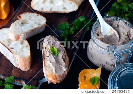 mousse, pate in a jar with baguette and parsley 24765435