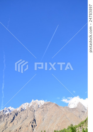 Cathedral peak seen from Pakistan Gromit and airplane to take off and beautiful blue sky 24783897