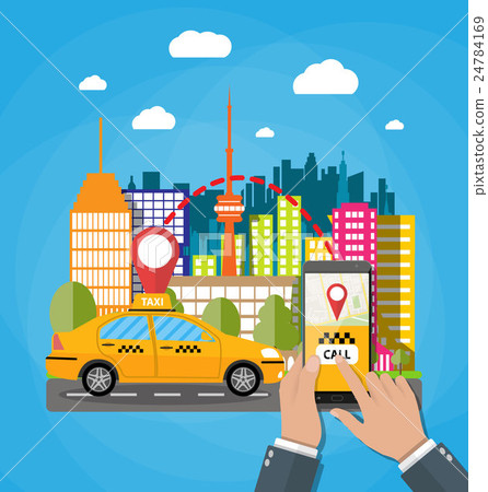 Urban cityscape with cab, phone taxi service app Urban cityscape with cab, phone taxi service app 24784169