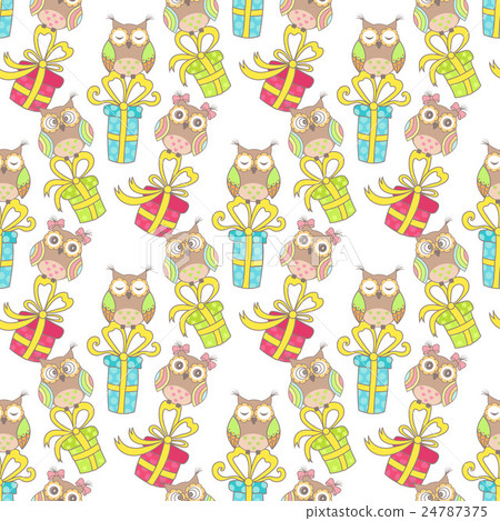 Christmas seamless pattern with gifts and owls - Stock Illustration ...