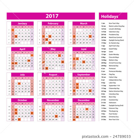 Simple calendar 2017 marked holidays for the USA - 스톡일러스트 [24789033