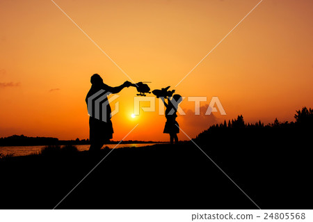 silhouette of dad and son plan plane sunset  24805568