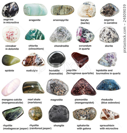 various tumbled minerals with names isolated 24809039