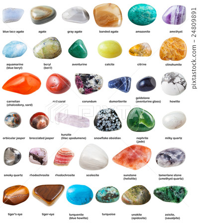 various tumbled gemstones with names isolated 24809891