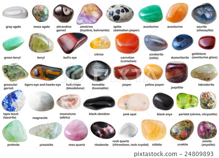 collage from various tumbled gemstones with names 24809893