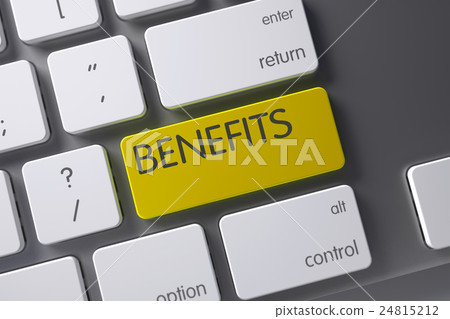 Benefits - Yellow Button. 3D Render. 24815212