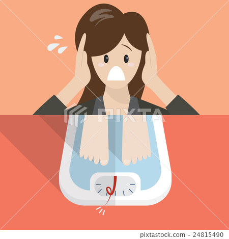 Stressed overweight woman on weight scale 24815490