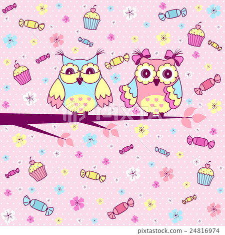 Beautiful greeting card with cute owls - Stock Illustration [24816974 ...