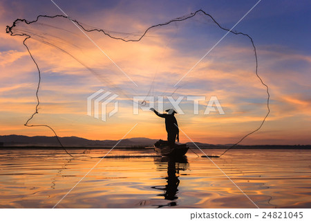 Fisherman silhouette on boat. Fisherman silhouette on boat. 24821045