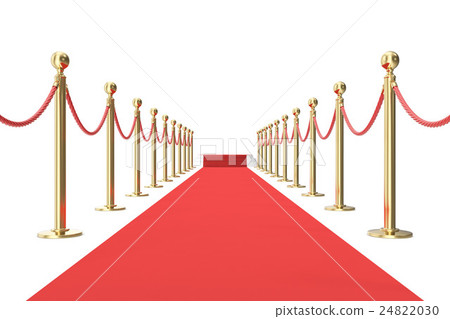Red carpet with golden barrier and ropes. Stairs 24822030