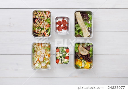 Healthy food take away in boxes, top view at wood 24822077